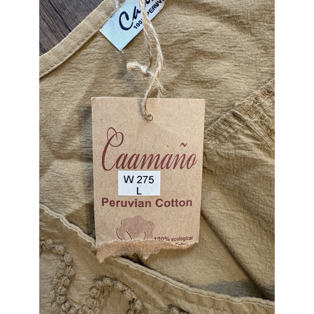 Caamano Peruvian Cotton Dress Size Large Brown Bridgett Dress Cinch Hem Natural - Picture 6 of 7